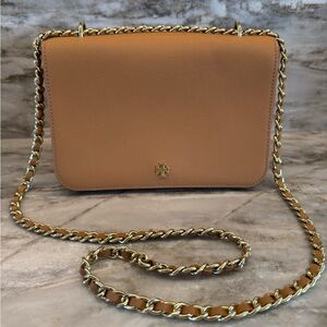Tory Burch Emerson Saffiano Leather Crossbody Bag in Camel